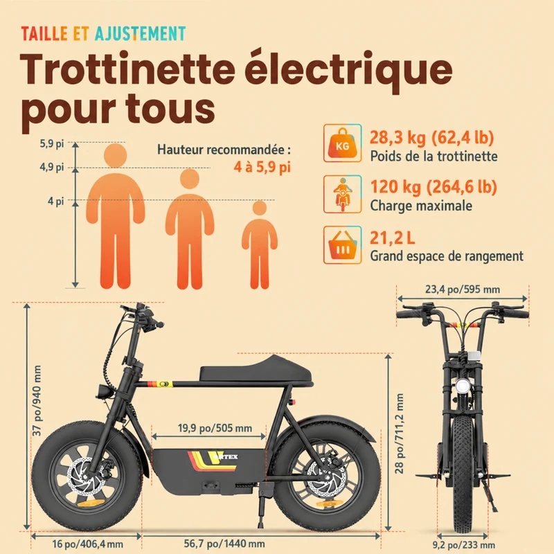 Gyrocopters - Trottinette électrique Vortex pour adultes et adolescents - Vitesse 32 km/h - Autonomie 28 km - Application - Noir