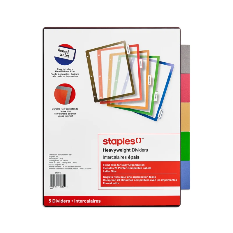 Staples Better Print & Apply Label Plastic Dividers Set - 5-Tabs - Assorted Colours