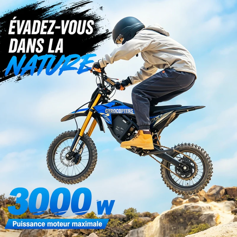 Gyrocopters - Moto électrique tout-terrain DX1 pour adultes - Vitesse 65 km/h, autonomie PAS 83 km - Bleu