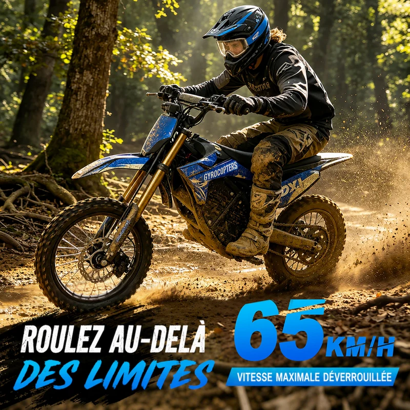 Gyrocopters - Moto électrique tout-terrain DX1 pour adultes - Vitesse 65 km/h, autonomie PAS 83 km - Bleu
