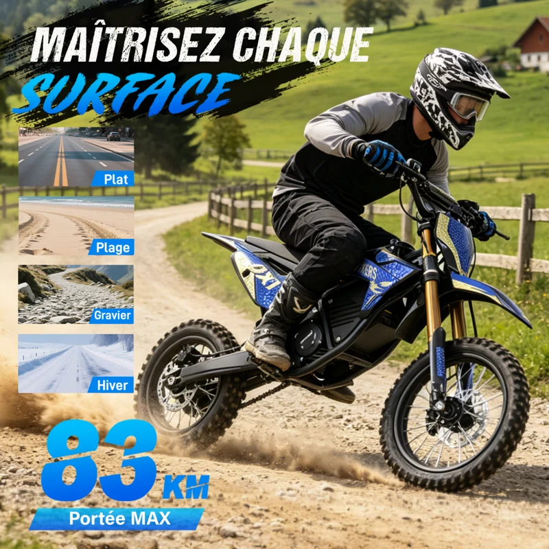 Gyrocopters - Moto électrique tout-terrain DX1 pour adultes - Vitesse 65 km/h, autonomie PAS 83 km - Bleu
