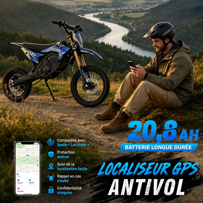 Gyrocopters - Moto électrique tout-terrain DX1 pour adultes - Vitesse 65 km/h, autonomie PAS 83 km - Bleu