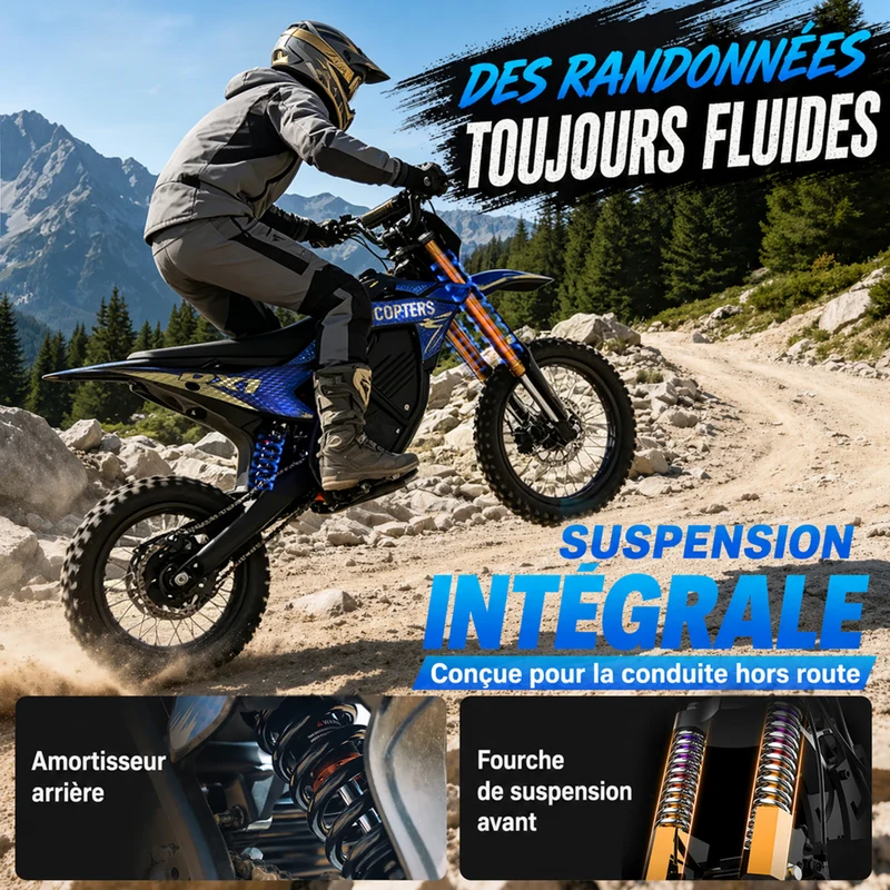 Gyrocopters - Moto électrique tout-terrain DX1 pour adultes - Vitesse 65 km/h, autonomie PAS 83 km - Bleu