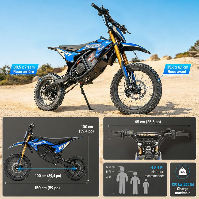 Gyrocopters - Moto électrique tout-terrain DX1 pour adultes - Vitesse 65 km/h, autonomie PAS 83 km - Bleu