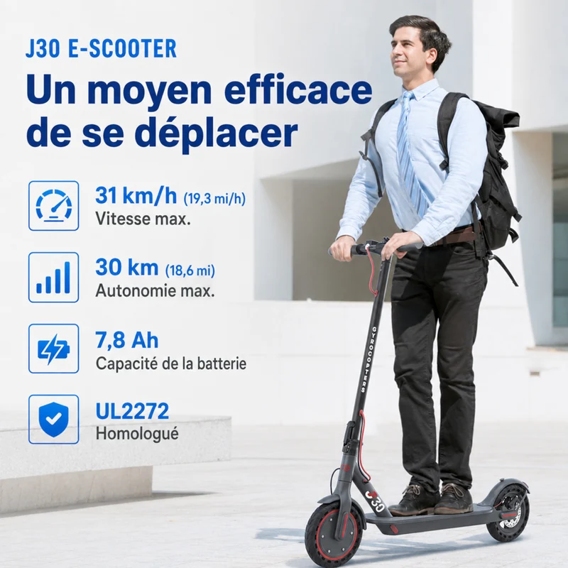 Gyrocopters - Trottinette électrique J30 pour adultes et adolescents - Vitesse 31 km/h - Autonomie 30 km - Application - Gris