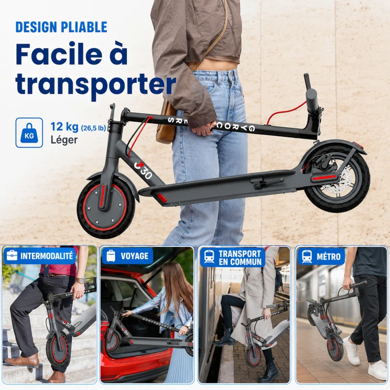 Gyrocopters - Trottinette électrique J30 pour adultes et adolescents - Vitesse 31 km/h - Autonomie 30 km - Application - Gris