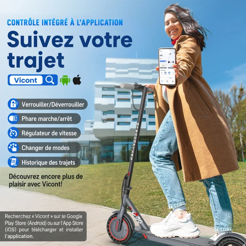 Gyrocopters - Trottinette électrique J30 pour adultes et adolescents - Vitesse 31 km/h - Autonomie 30 km - Application - Gris