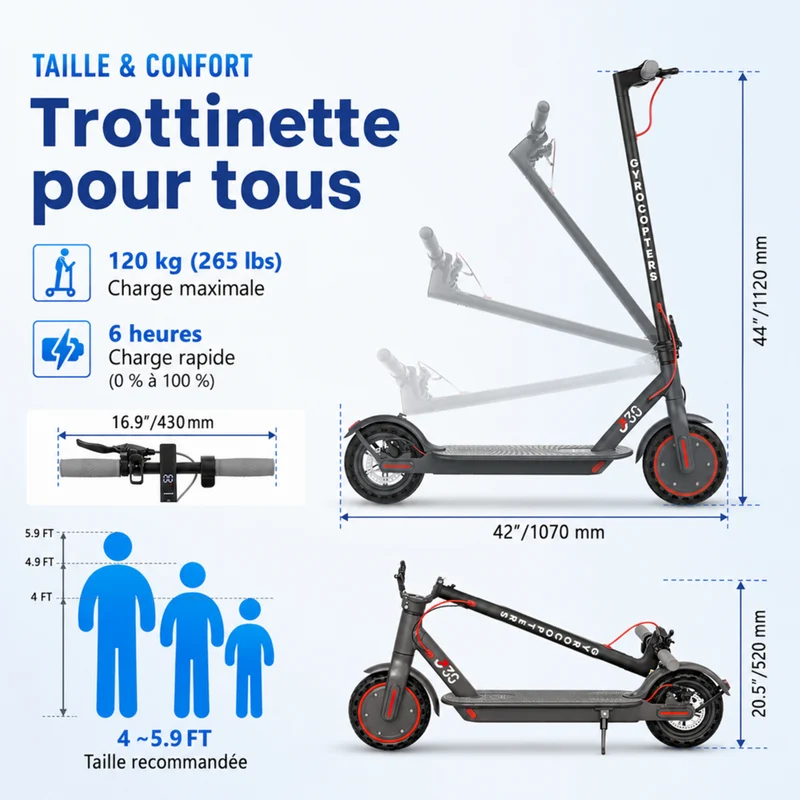 Gyrocopters - Trottinette électrique J30 pour adultes et adolescents - Vitesse 31 km/h - Autonomie 30 km - Application - Gris