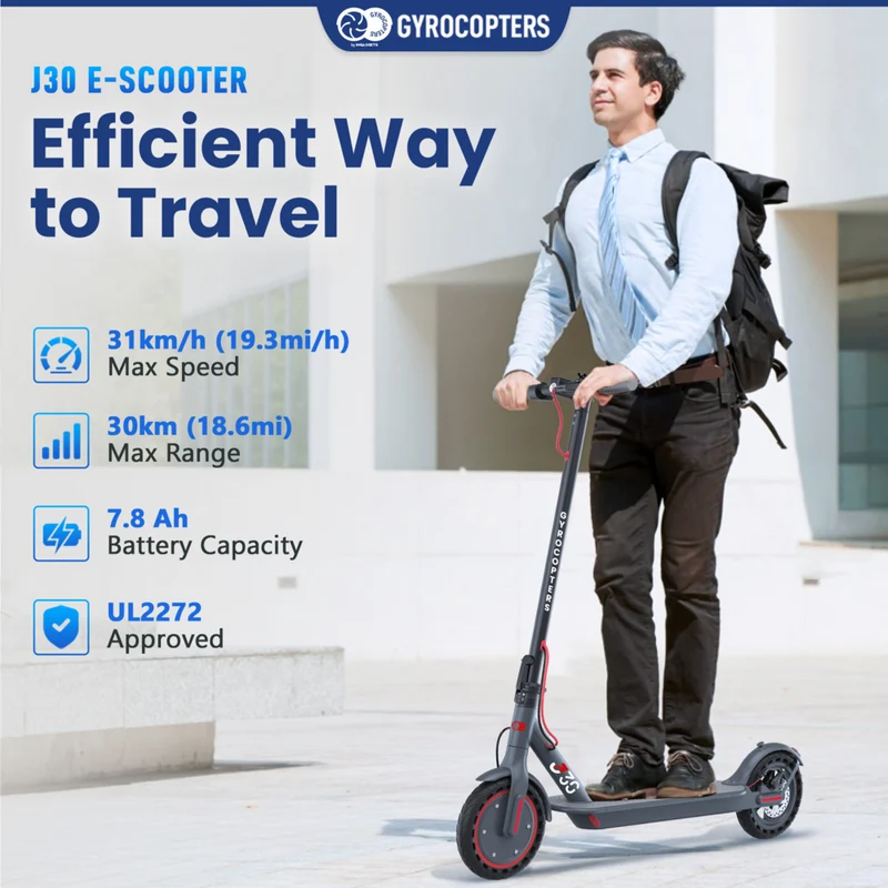 Gyrocopters J30 Electric Scooter for Adults & Teens - Speed 31 kmph - Range 30 km - APP - Grey