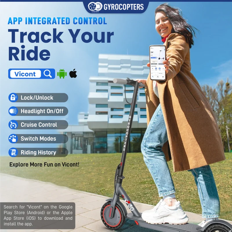 Gyrocopters J30 Electric Scooter for Adults & Teens - Speed 31 kmph - Range 30 km - APP - Grey