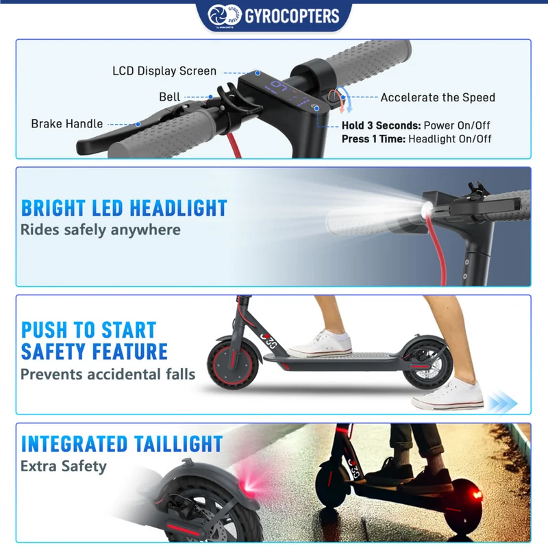 Gyrocopters J30 Electric Scooter for Adults & Teens - Speed 31 kmph - Range 30 km - APP - Grey
