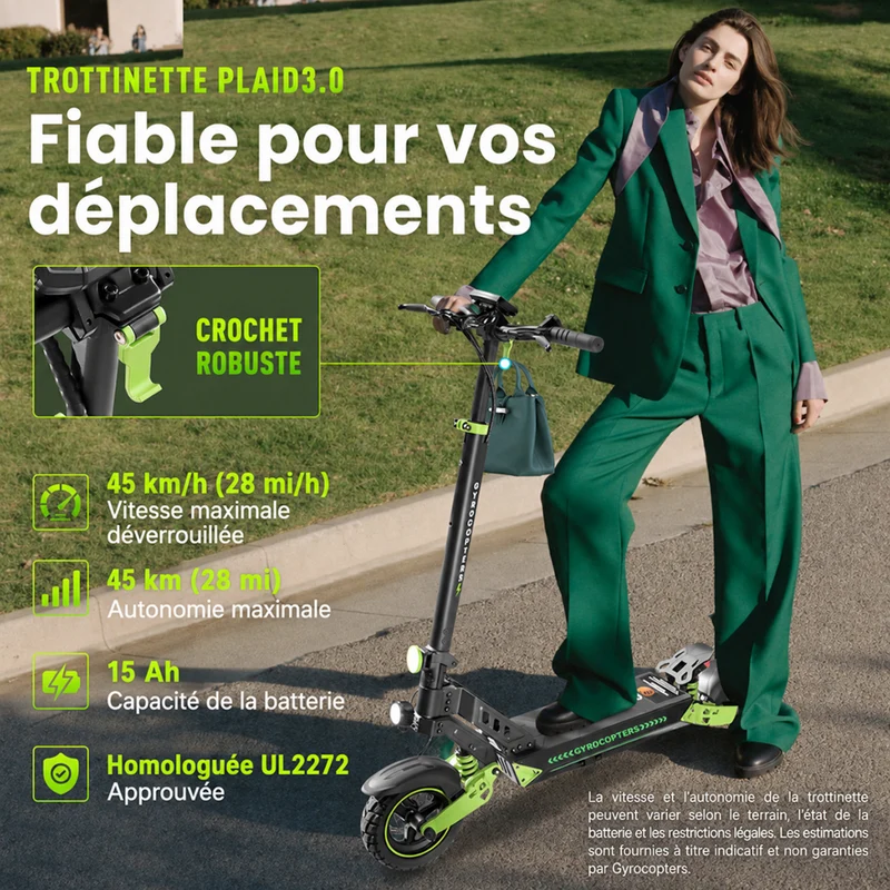 Gyrocopters - Trottinette électrique Plaid 3.0 pour adultes et adolescents - Vitesse 45 km/h, autonomie 45 km - Application - Noir