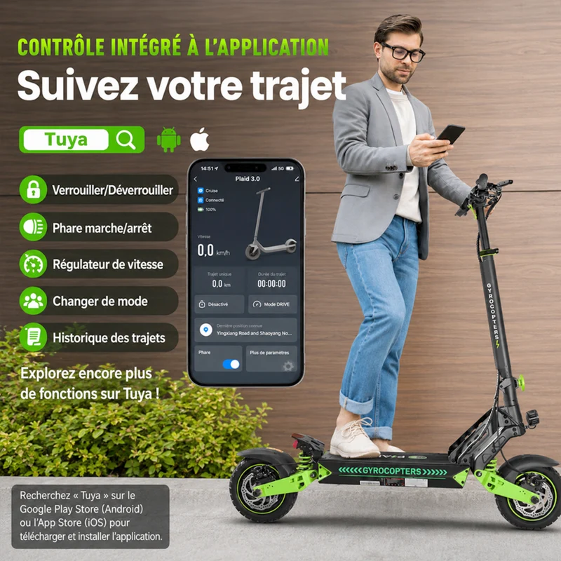Gyrocopters - Trottinette électrique Plaid 3.0 pour adultes et adolescents - Vitesse 45 km/h, autonomie 45 km - Application - Noir