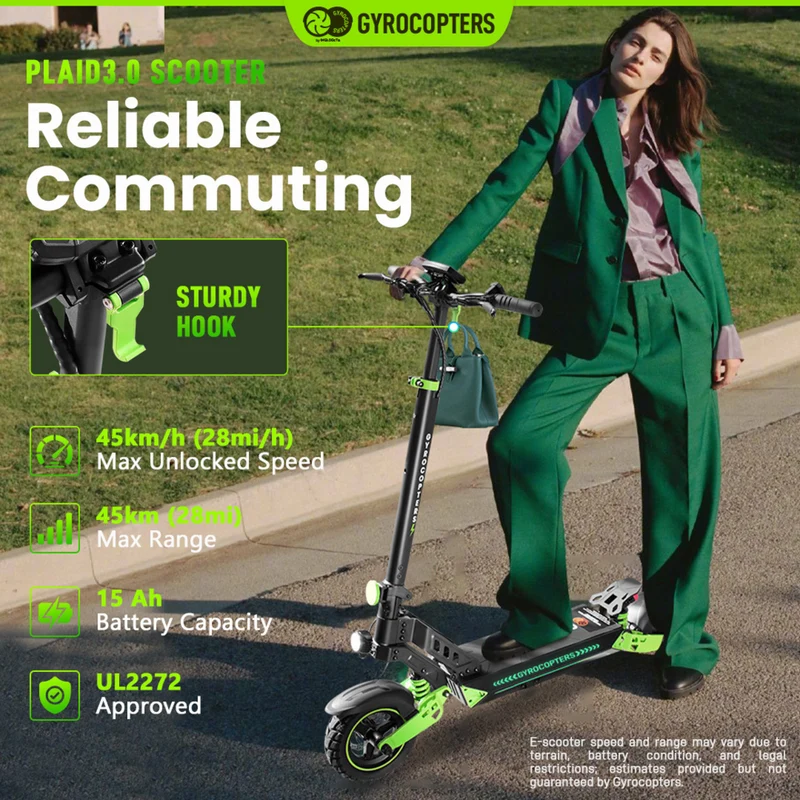 Gyrocopters Plaid 3.0 Electric Scooter for Adults & Teens - Speed 45 kmph Range 45 km - APP - Black