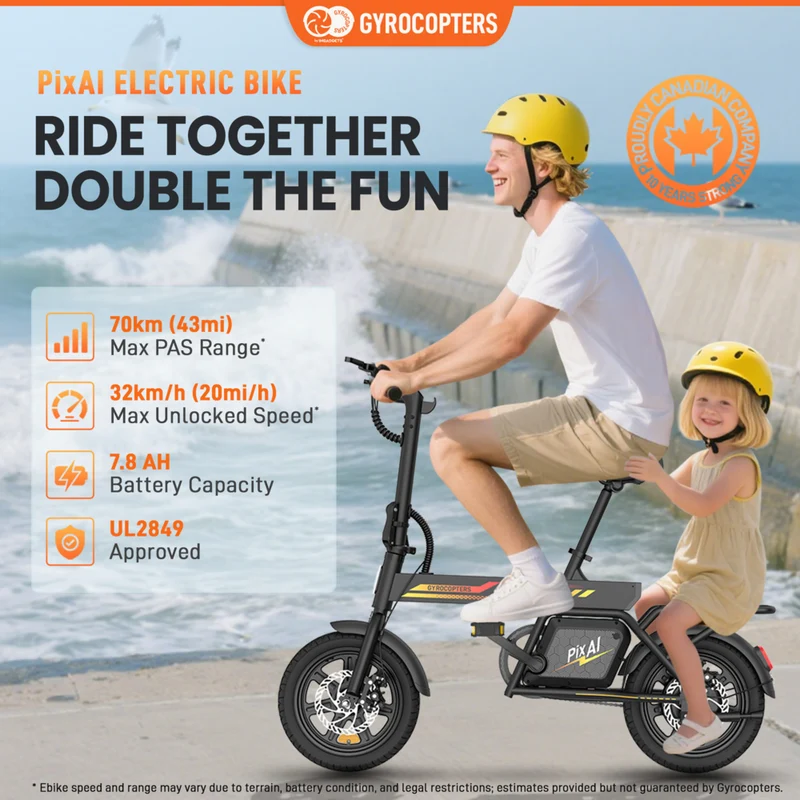 Gyrocopters PixAI Electric Bike for Adults & Teens - Speed 32 kmph - PAS 70 km - Black