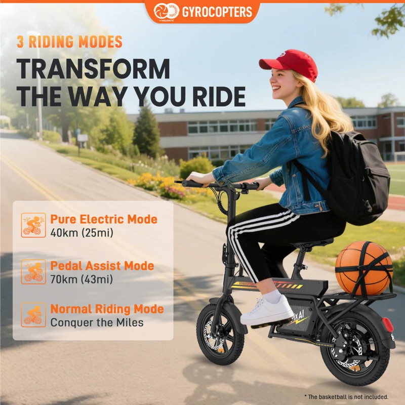 Gyrocopters PixAI Electric Bike for Adults & Teens - Speed 32 kmph - PAS 70 km - Black