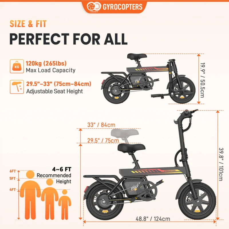 Gyrocopters PixAI Electric Bike for Adults & Teens - Speed 32 kmph - PAS 70 km - Black