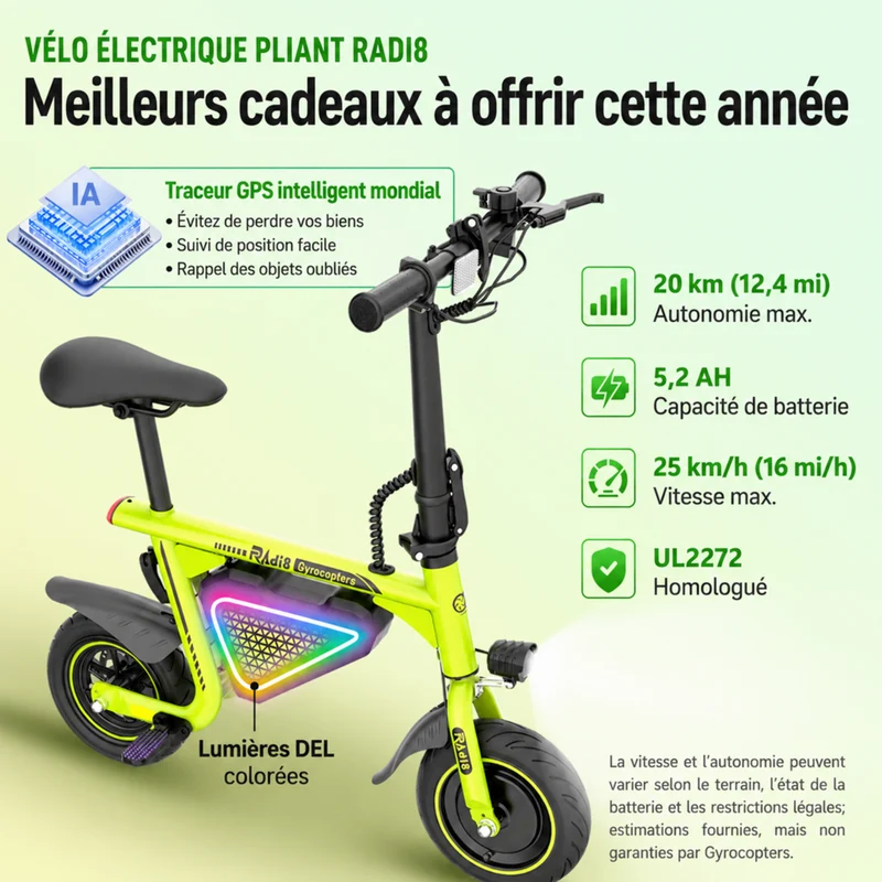 Gyrocopters - Trottinette électrique pour enfants Radi8 - Vitesse 25 km/h - Autonomie 20 km - Éclairage LED - Vert