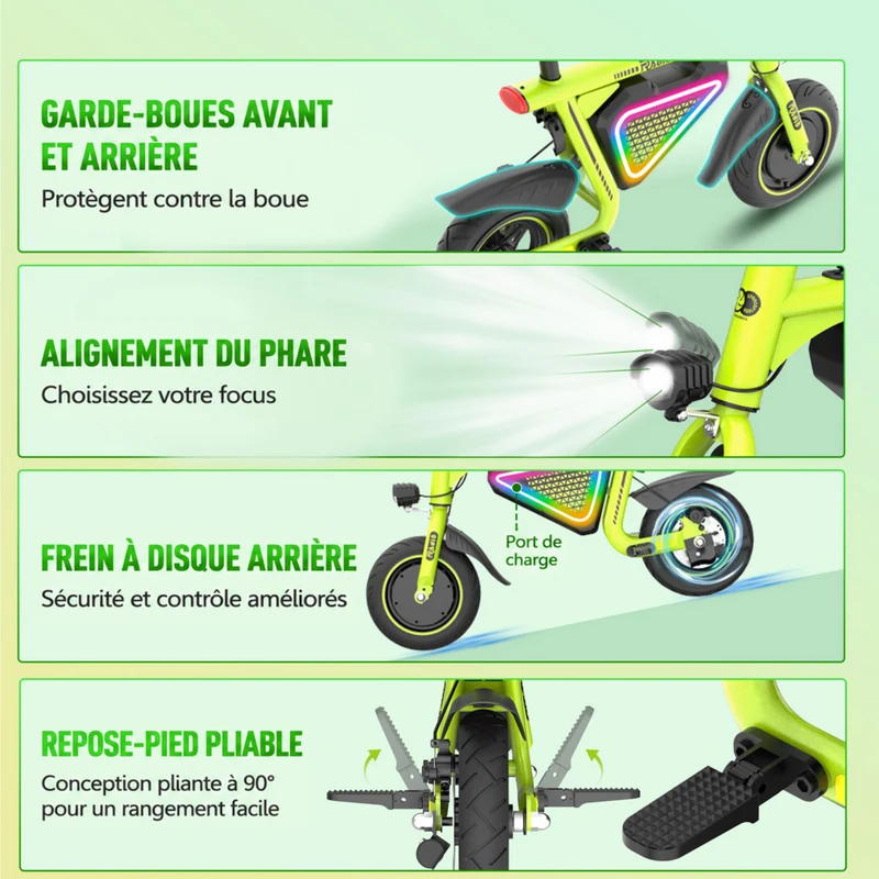 Gyrocopters - Trottinette électrique pour enfants Radi8 - Vitesse 25 km/h - Autonomie 20 km - Éclairage LED - Vert