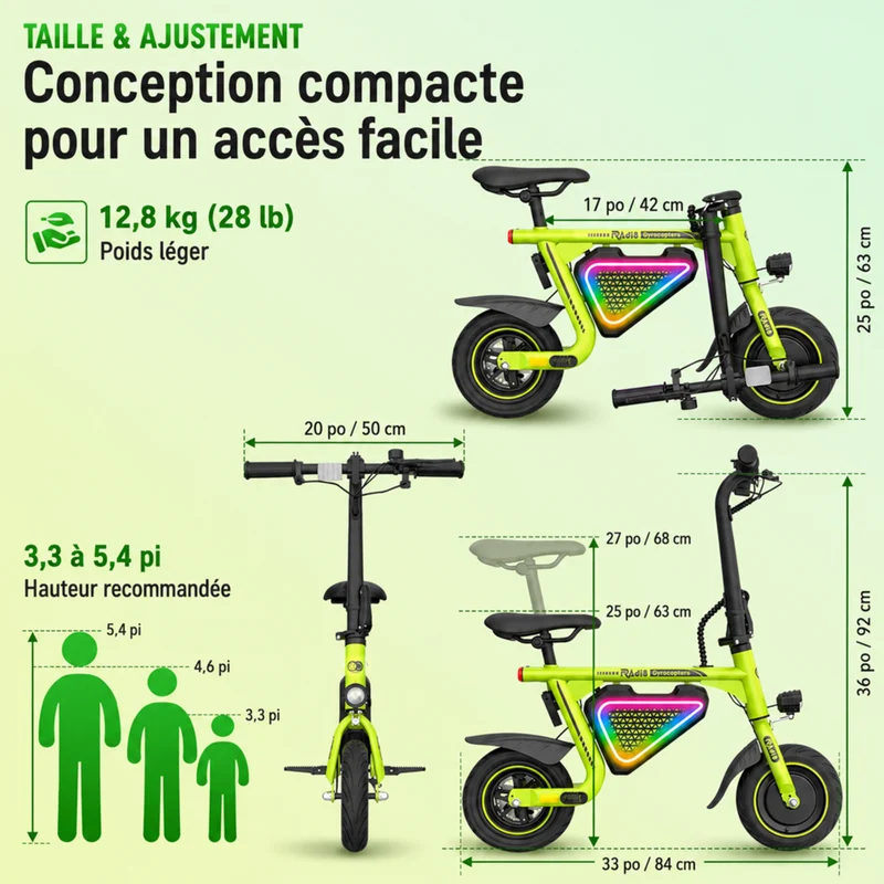 Gyrocopters - Trottinette électrique pour enfants Radi8 - Vitesse 25 km/h - Autonomie 20 km - Éclairage LED - Vert