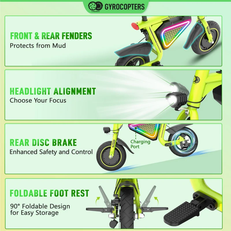 Gyrocopters Radi8 Electric Scooter for Kids - Speed 25 kmph - Range 20 km - LED Lights - Green