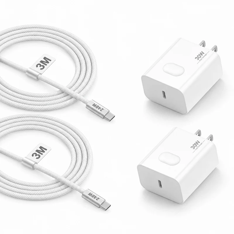 ShoppingAll Huntkey 30W USB-C Fast Wall Charger with 3m Cable - White - 2 Pack