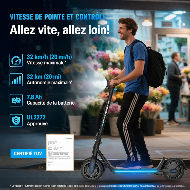 Gyrocopters - Trottinette électrique FlashX pour adultes et adolescents - Vitesse 32 km/h - Autonomie 32 km - Application - Noir