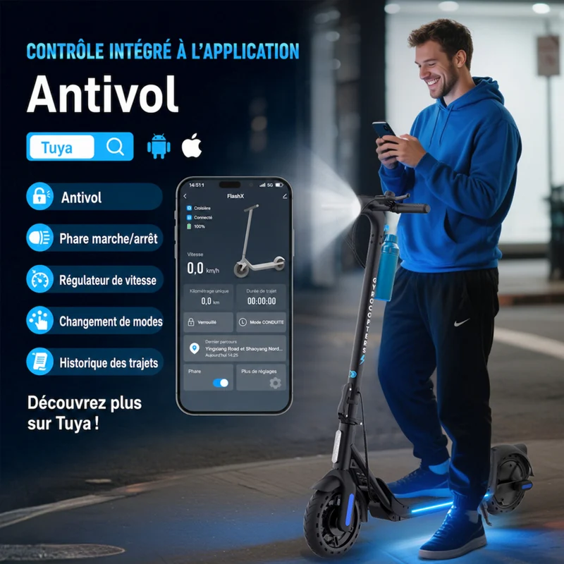 Gyrocopters - Trottinette électrique FlashX pour adultes et adolescents - Vitesse 32 km/h - Autonomie 32 km - Application - Noir