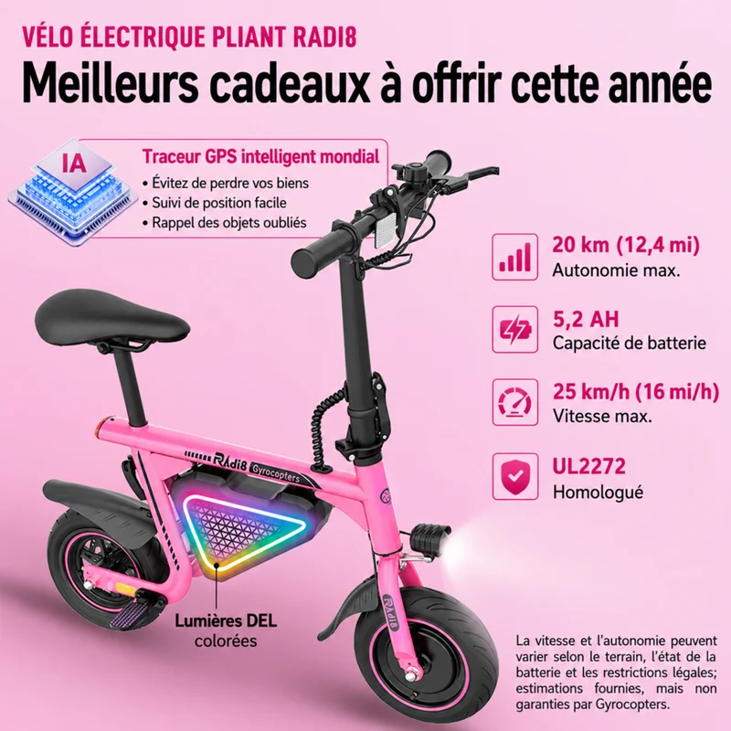 Gyrocopters - Trottinette électrique pour enfants Radi8 - Vitesse 25 km/h - Autonomie 20 km - Éclairage LED - Rose