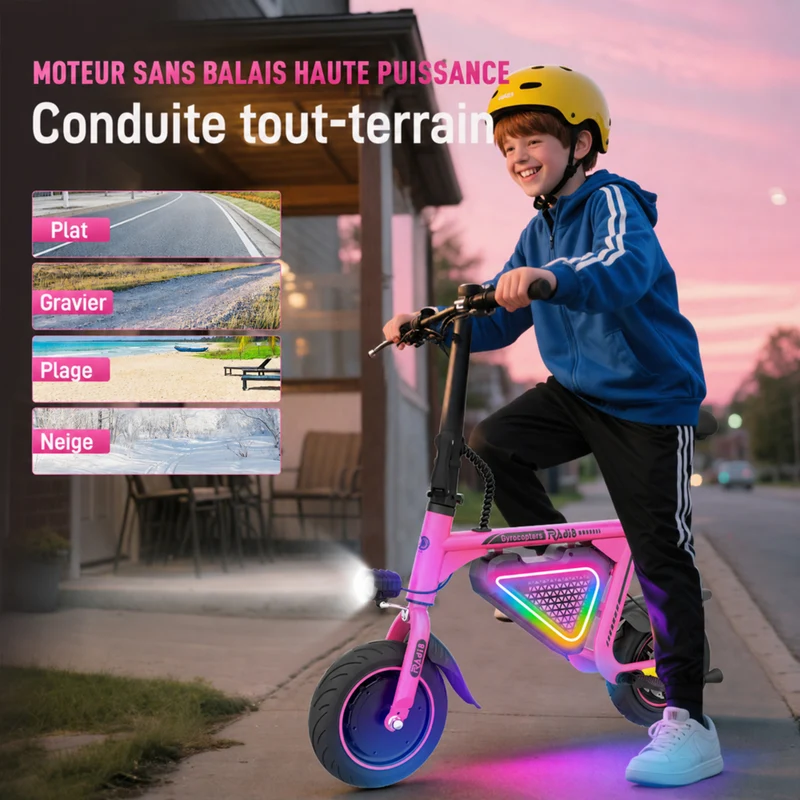Gyrocopters - Trottinette électrique pour enfants Radi8 - Vitesse 25 km/h - Autonomie 20 km - Éclairage LED - Rose
