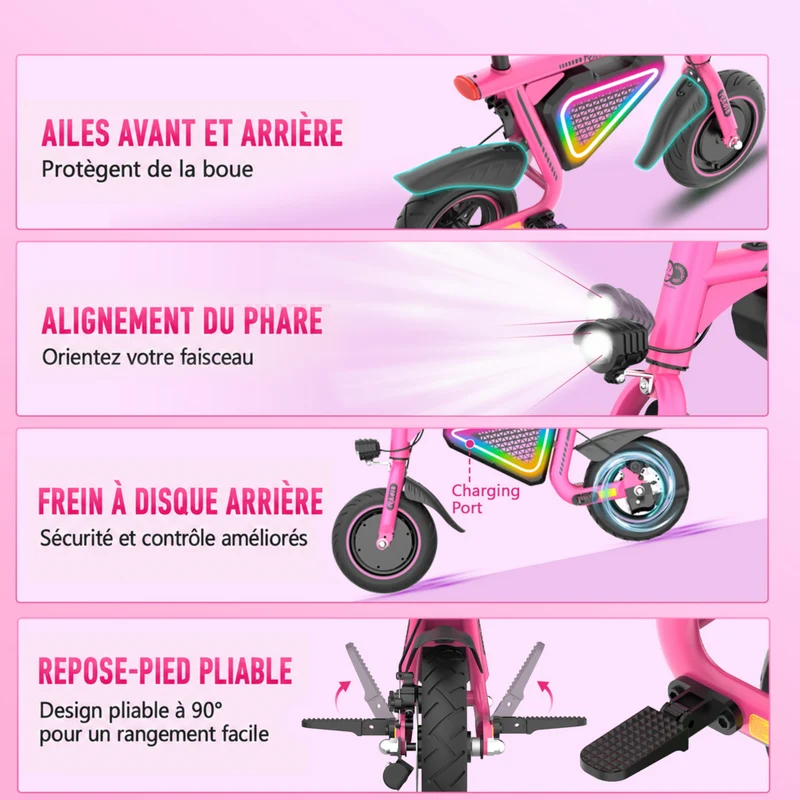 Gyrocopters - Trottinette électrique pour enfants Radi8 - Vitesse 25 km/h - Autonomie 20 km - Éclairage LED - Rose