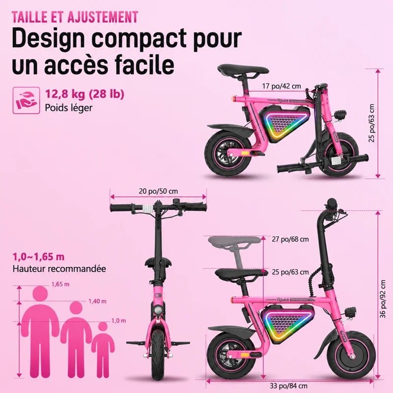 Gyrocopters - Trottinette électrique pour enfants Radi8 - Vitesse 25 km/h - Autonomie 20 km - Éclairage LED - Rose