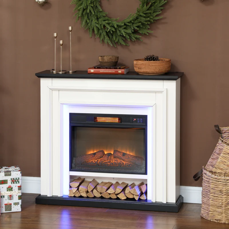 HOMCOM 41" Electric Fireplace with Mantel and Adjustable 3D Flame Effect - 1400 W - Black and White