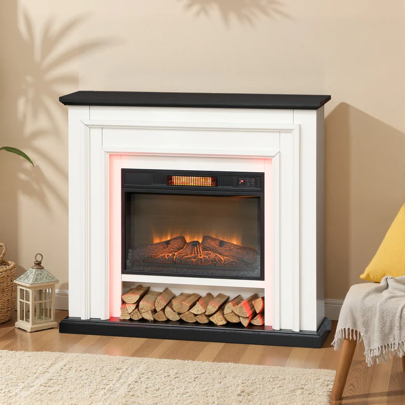 HOMCOM 41" Electric Fireplace with Mantel and Adjustable 3D Flame Effect - 1400 W - Black and White