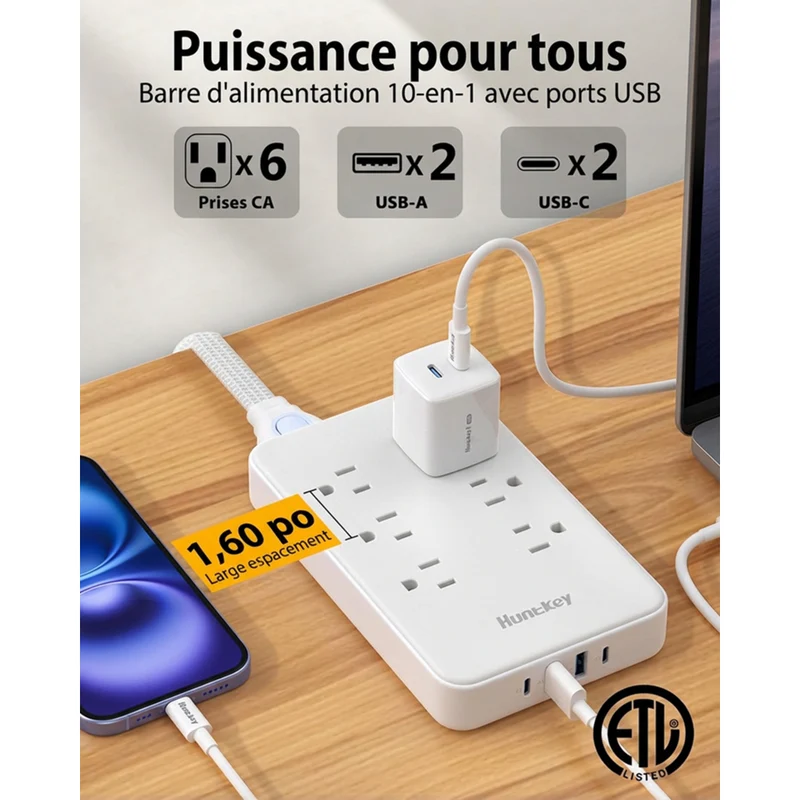Huntkey - Parasurtenseur avec cordon détachable, 6 prises et 4 ports USB (2 USB-C, 2 USB-A) - blanc, paquet de 2
