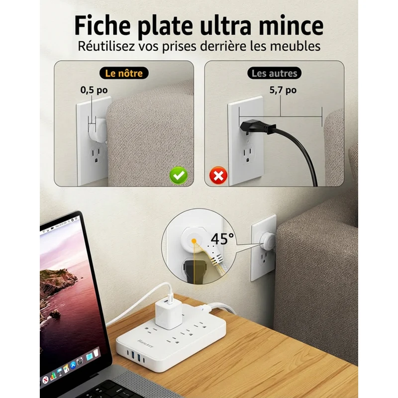 Huntkey - Parasurtenseur avec cordon détachable, 6 prises et 4 ports USB (2 USB-C, 2 USB-A) - blanc, paquet de 2
