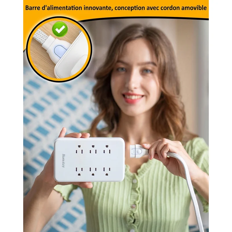 Huntkey - Parasurtenseur avec cordon détachable, 6 prises et 4 ports USB (2 USB-C, 2 USB-A) - blanc, paquet de 2