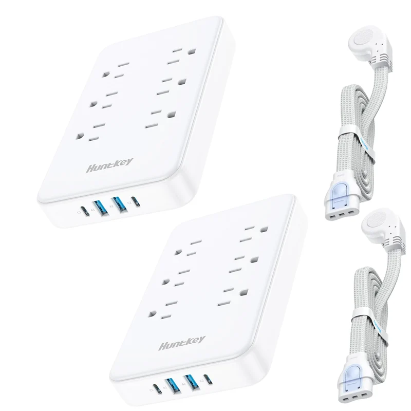 Huntkey Detachable Surge Protector Power Strip with 6 Outlets and 4 USB Ports - White - 2 Pack