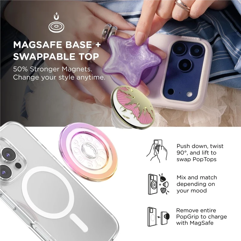 PopSockets PopGrip MagSafe Phone Grip/Stand with Swappable Top (Lunar Dreams Pink)