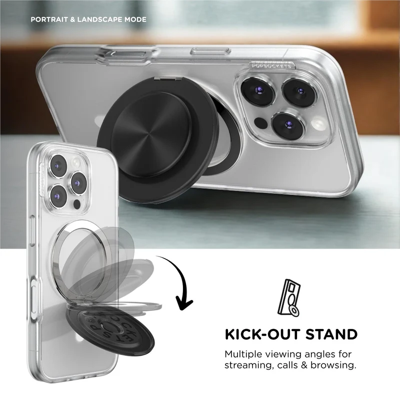 PopSockets PopGrip MagSafe Phone Grip/Stand with Swappable Top Kickout (Alum Radial Black)