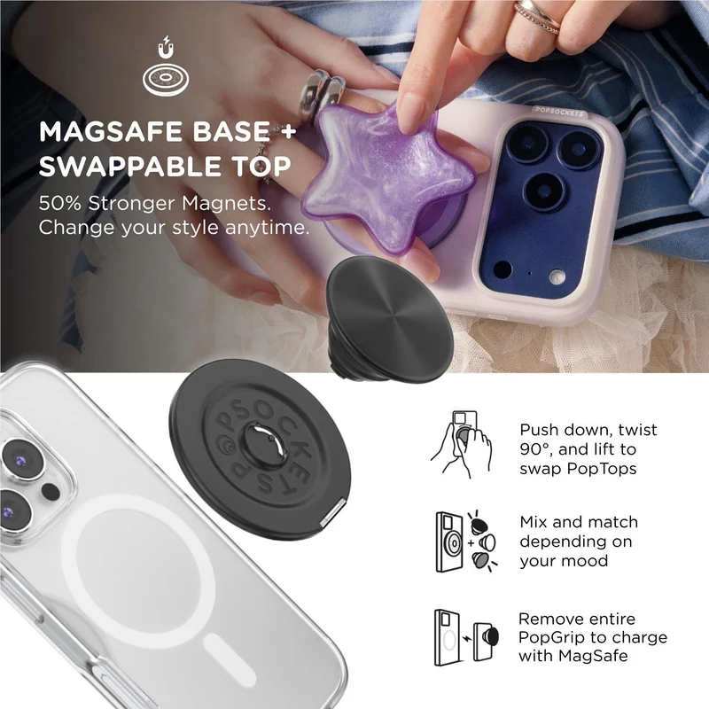 PopSockets PopGrip MagSafe Phone Grip/Stand with Swappable Top Kickout (Alum Radial Black)