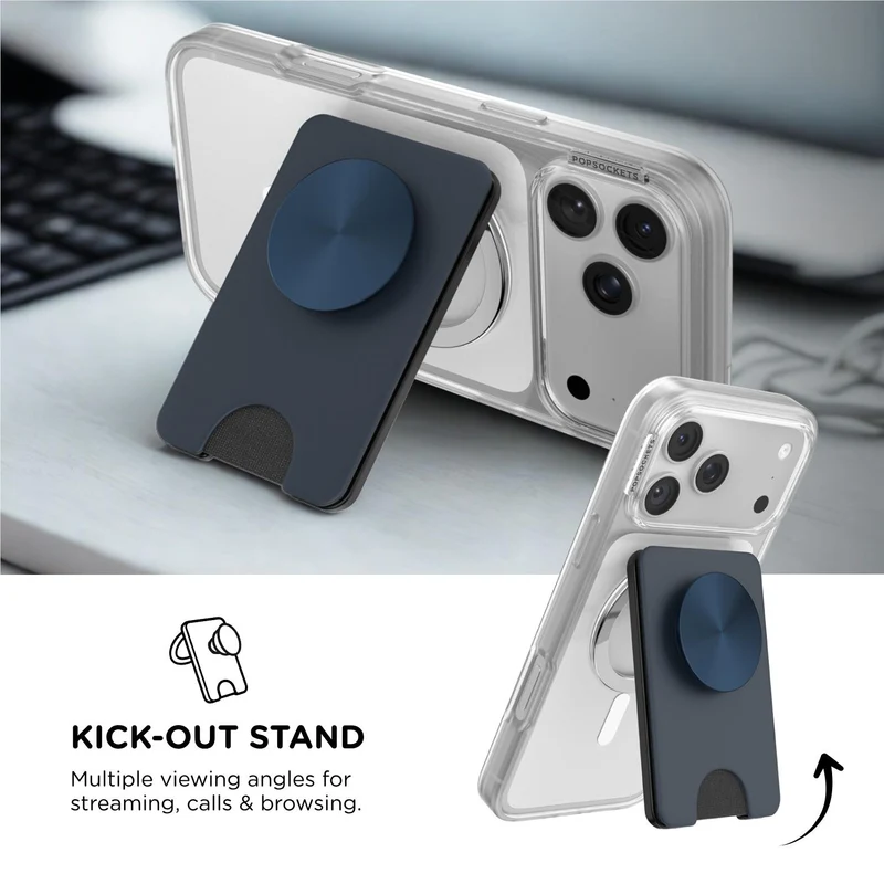 PopSockets PopWallet+ MagSafe Kick-Out Phone Wallet and Stand (Alum Radial Navy)