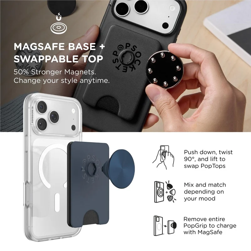 PopSockets PopWallet+ MagSafe Kick-Out Phone Wallet and Stand (Alum Radial Navy)