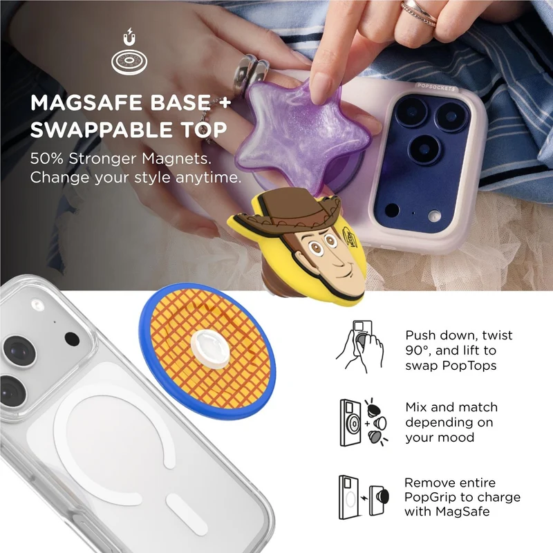 Toy Story X PopSockets PopGrip MagSafe Phone Grip/Stand with Swappable Top (Popout Woody)