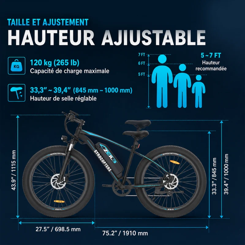 Gyrocopters - Vélo électrique pour adultes Zeil - Vitesse 40 km/h - Autonomie PAS 91 km - Noir