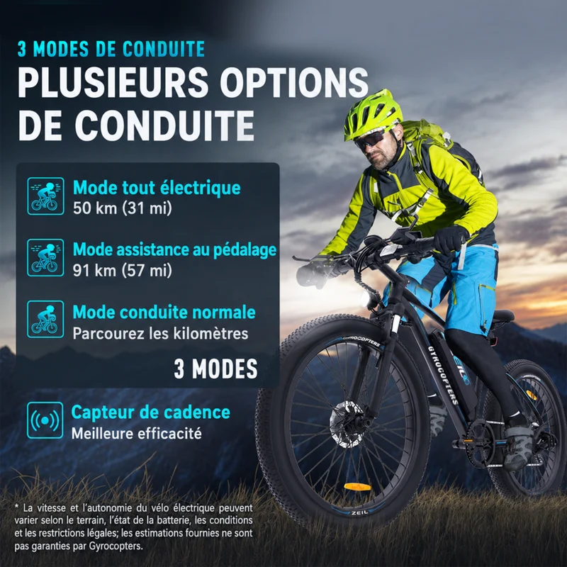 Gyrocopters - Vélo électrique pour adultes Zeil - Vitesse 40 km/h - Autonomie PAS 91 km - Noir
