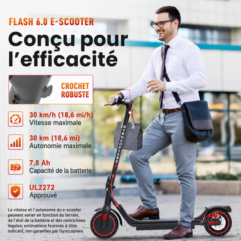 Gyrocopters - Trottinette électrique Flash 6.0 pour adultes et adolescents - Vitesse 30 km/h - Autonomie 30 km - 350 W - Noir