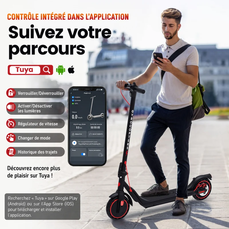 Gyrocopters - Trottinette électrique Flash 6.0 pour adultes et adolescents - Vitesse 30 km/h - Autonomie 30 km - 350 W - Noir