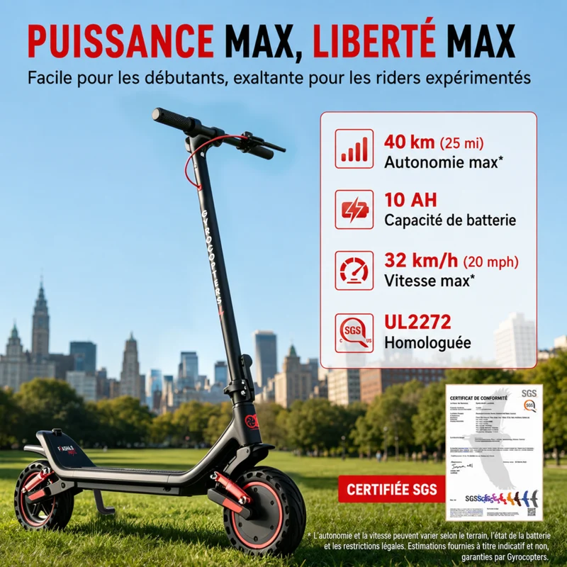 Gyrocopters - Trottinette électrique Flash 6.0 MAX pour adultes et adolescents - Vitesse : 32 km/h - Autonomie : 40 km - Noir