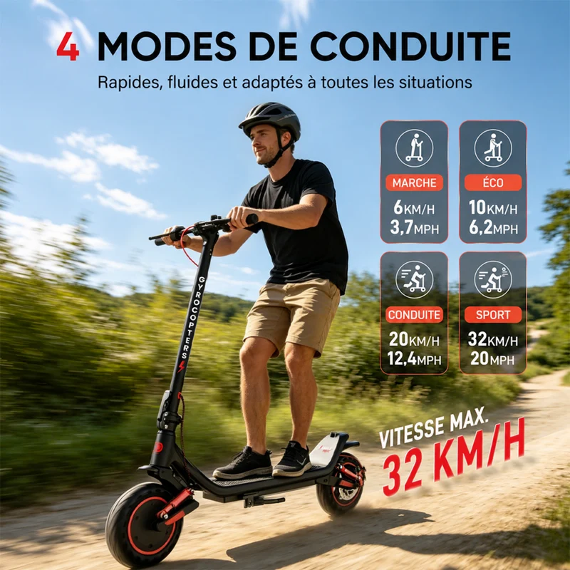 Gyrocopters - Trottinette électrique Flash 6.0 MAX pour adultes et adolescents - Vitesse : 32 km/h - Autonomie : 40 km - Noir